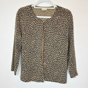 Garnet Hill Animal Print Cardigan L Merino Wool Preppy Old Money Librarian